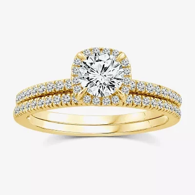 (F / VS2) Womens 1 CT. T.W. Lab Grown White Diamond 10K or 14K Gold Round Side Stone Halo Bridal Set