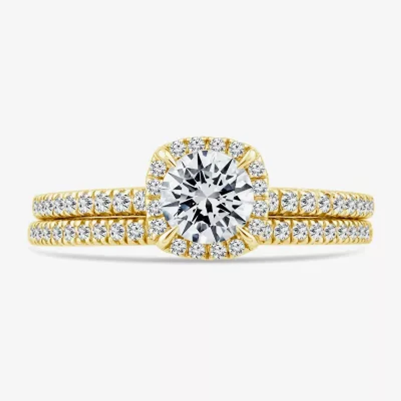 (F / VS2) Womens 1 CT. T.W. Lab Grown White Diamond 10K or 14K Gold Round Side Stone Halo Bridal Set