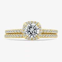 (F / VS2) Womens 1 CT. T.W. Lab Grown White Diamond 10K or 14K Gold Round Side Stone Halo Bridal Set