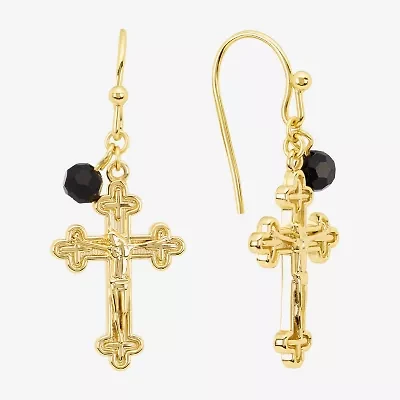 Silver Reflections Womens Black Crystal 14K Gold Over Brass Cross Drop Earrings