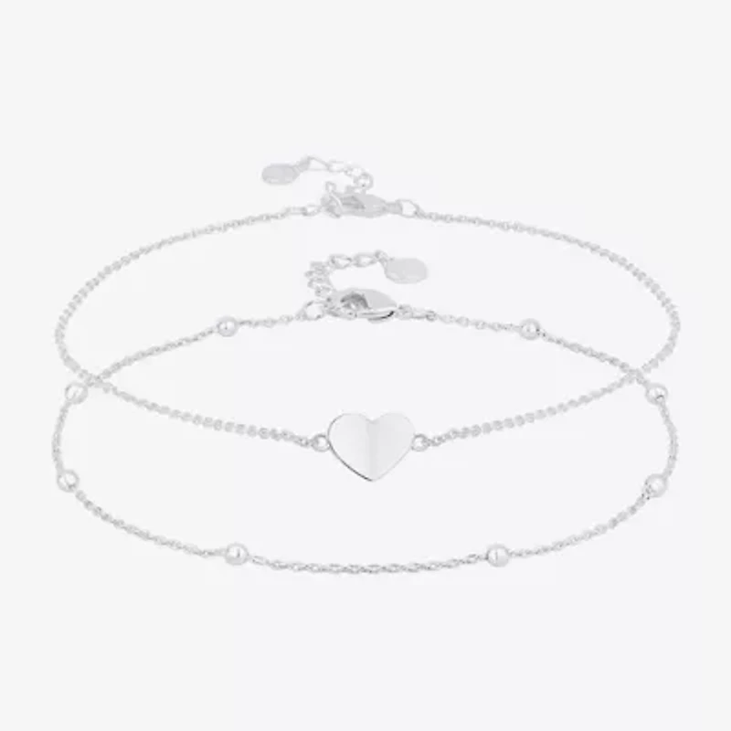 Silver Reflections Womens 10 Inch Solid Bead Heart Ankle Bracelet