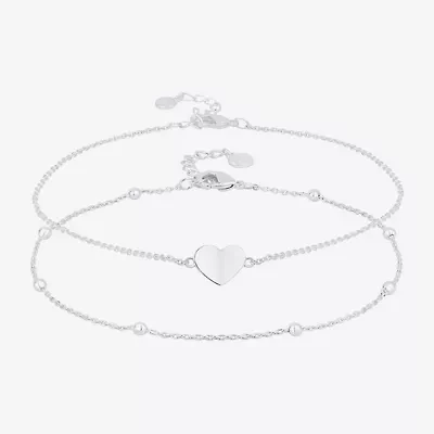 Silver Reflections Womens 10 Inch Solid Bead Heart Ankle Bracelet