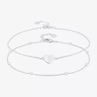 Silver Reflections Womens 10 Inch Solid Bead Heart Ankle Bracelet