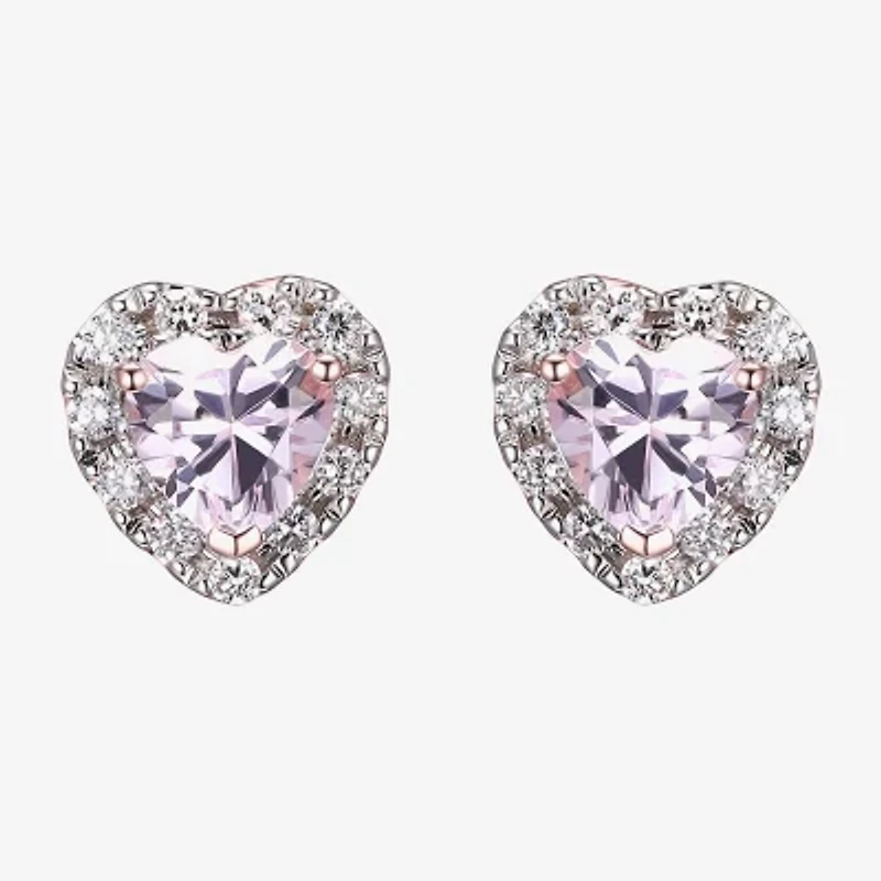 Lab Grown Pink Sapphire & 1/5 CT. T.W. Lab Grown White Diamond 18K Rose Gold Over Silver 8mm Heart Stud Earrings