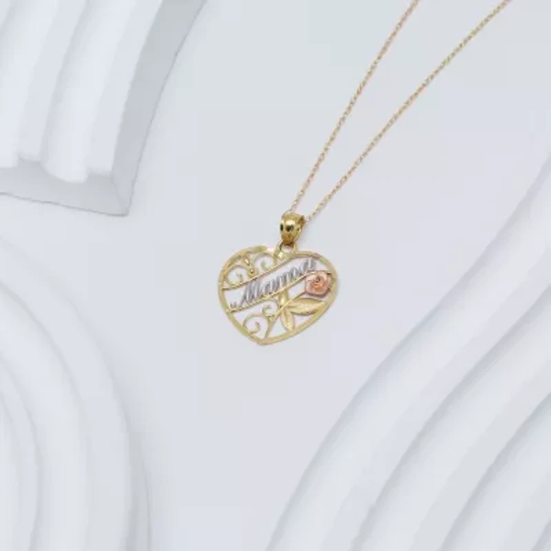"Mama" Womens 10K Tri-Color Gold Heart 18 Inch Pendant Necklace