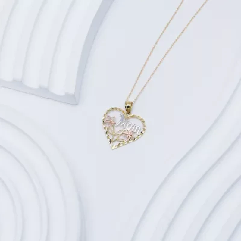 "Mom" Womens 10K Tri-Color Gold Heart 18 Inch Pendant Necklace