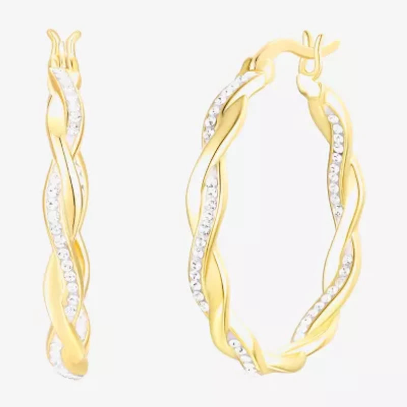 Womens Crystal 24K Gold Over Silver 28.3mm Round Hoop Earrings