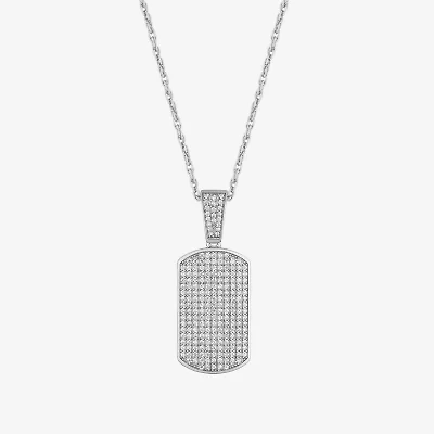 Mens White Cubic Zirconia Sterling Silver Dog Tag 24 Inch Pendant Necklace