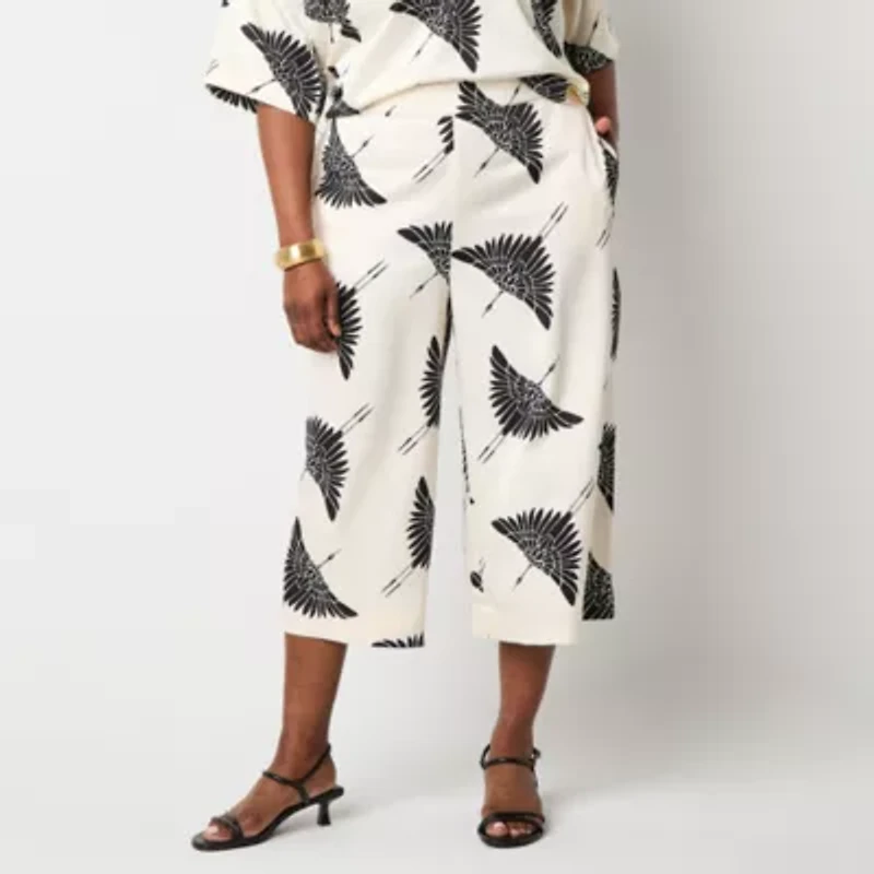 Worthington Womens Wide Leg Mid Rise Plus Pull-On Pant