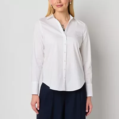 Worthington Womens Cuffed Long Sleeve Regular Fit Poplin Button-Down Shirt