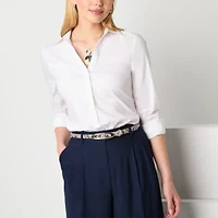 Worthington Womens Cuffed Long Sleeve Regular Fit Poplin Button-Down Shirt