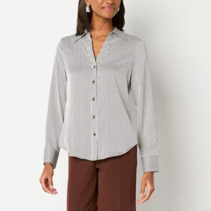 Worthington Womens Cuffed Long Sleeve Button-Down Shirt