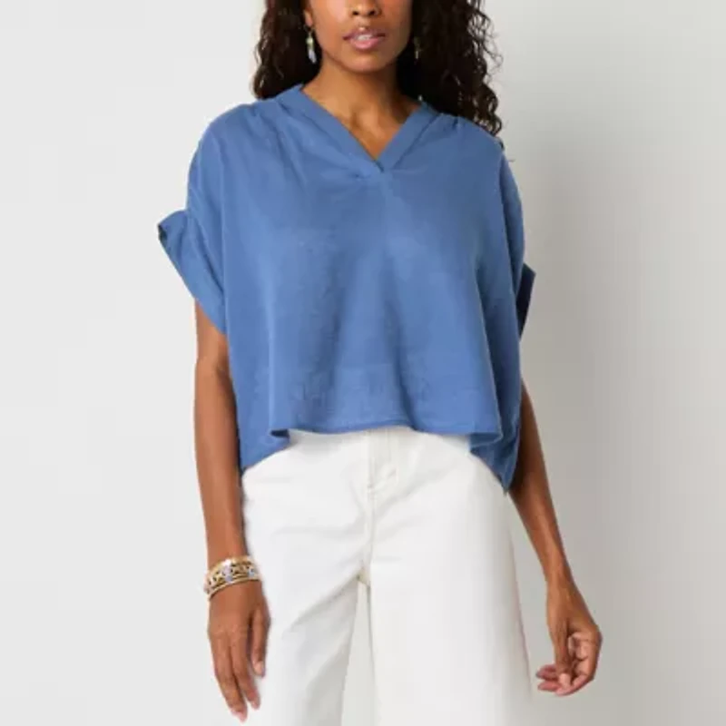 a.n.a Womens Split Crew Neck Short Sleeve Blouse