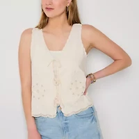 a.n.a Tie Front Womens V Neck Sleeveless Embroidered Blouse