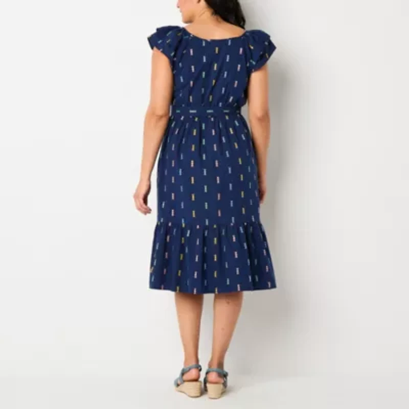 St. John's Bay Womens Short Sleeve Midi A-Line Dress