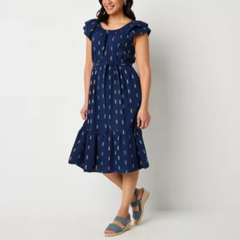 St. John's Bay Womens Short Sleeve Midi A-Line Dress