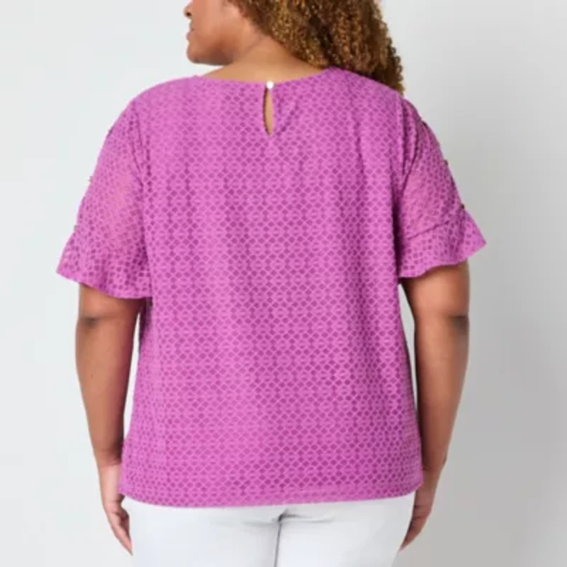Liz Claiborne Womens Crew Neck Short Sleeve Lace Plus Blouse