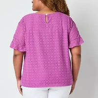 Liz Claiborne Womens Crew Neck Short Sleeve Lace Plus Blouse
