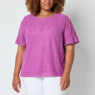 Liz Claiborne Womens Crew Neck Short Sleeve Lace Plus Blouse