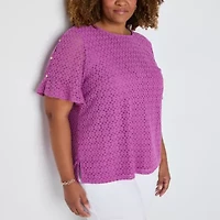 Liz Claiborne Womens Crew Neck Short Sleeve Lace Plus Blouse