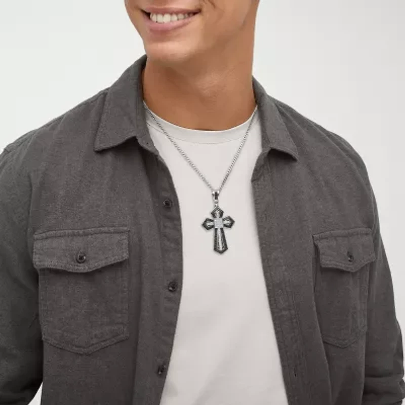 Made in Italy Mens Black Spinel Sterling Silver Cross 22 Inch Pendant Necklace