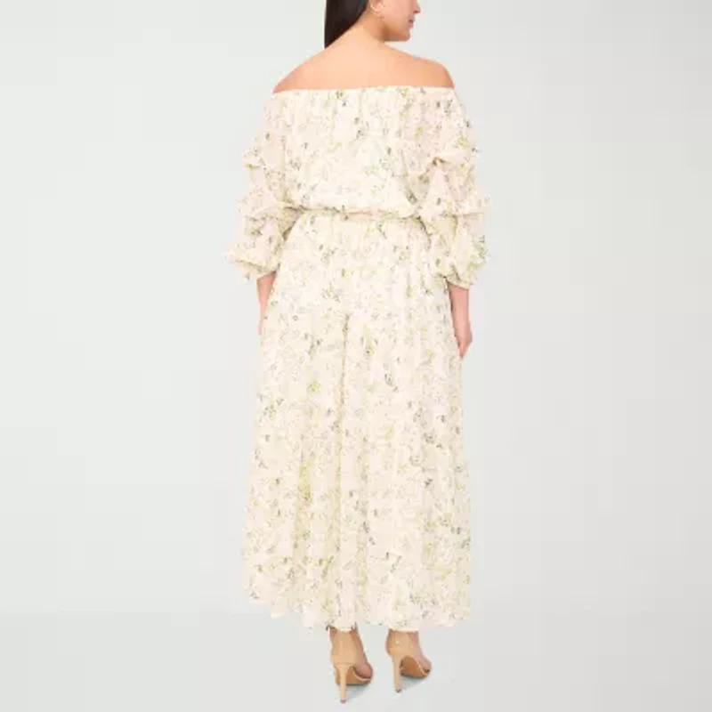Sam And Jess Womens Off The Shoulder 3/4 Sleeve Floral Fit + Flare Dress Plus