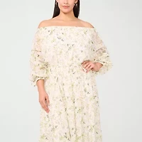 Sam And Jess Womens Off The Shoulder 3/4 Sleeve Floral Fit + Flare Dress Plus