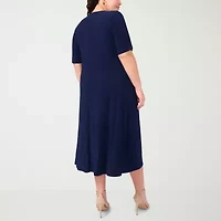 MSK Womens Short Sleeve Midi Plus Fit + Flare Dress