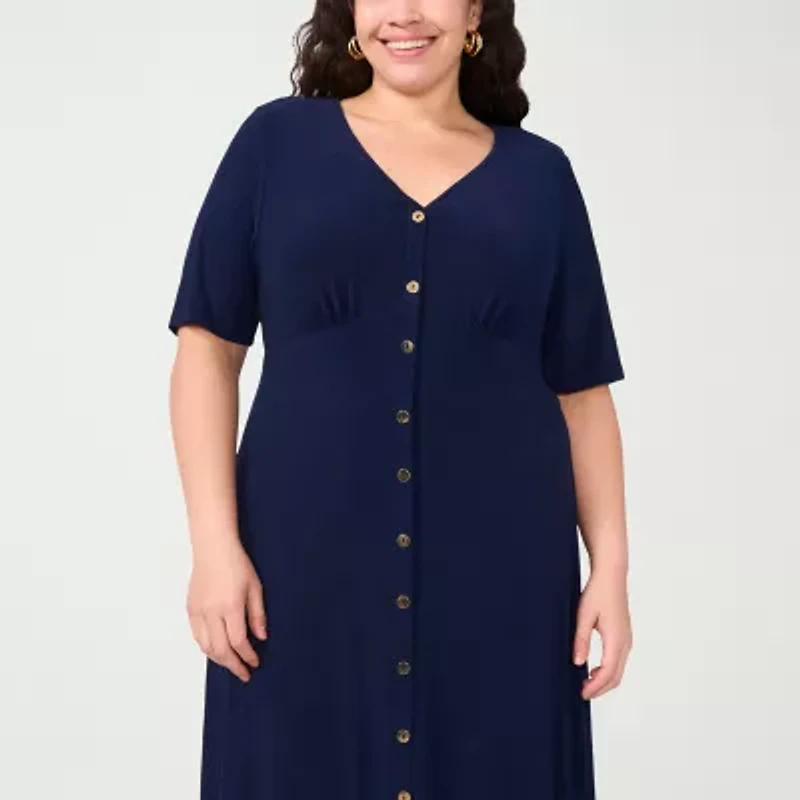 MSK Womens Short Sleeve Midi Plus Fit + Flare Dress