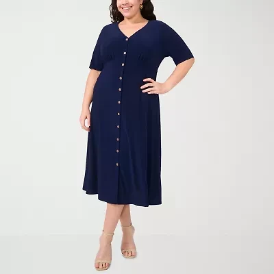 MSK Womens Short Sleeve Midi Plus Fit + Flare Dress