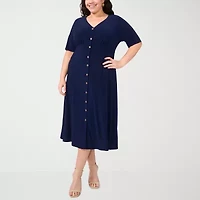 MSK Womens Short Sleeve Midi Plus Fit + Flare Dress