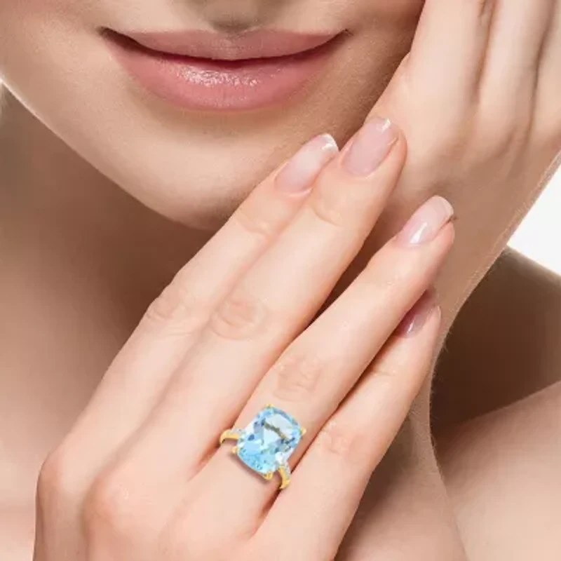 Effy Final Call (H-I / I1-I2) Womens 1/5 CT. Genuine Blue Topaz 14K Gold Cushion Side Stone Cocktail Ring