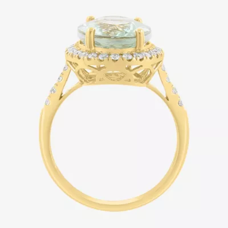 Effy Final Call (H-I / I1-I2) Womens 3/8 CT. T.W. Genuine Green Amethyst 14K Gold Oval Halo Side Stone Cocktail Ring