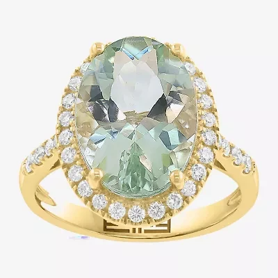 Effy Final Call (H-I / I1-I2) Womens 3/8 CT. T.W. Genuine Green Amethyst 14K Gold Oval Halo Side Stone Cocktail Ring