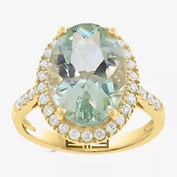 Effy Final Call (H-I / I1-I2) Womens 3/8 CT. T.W. Genuine Green Amethyst 14K Gold Oval Halo Side Stone Cocktail Ring