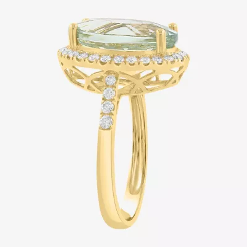 Effy Final Call (H-I / I1-I2) Womens 3/8 CT. T.W. Genuine Green Amethyst 14K Gold Oval Halo Side Stone Cocktail Ring