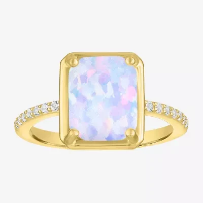 Womens Lab Created White Opal 14K Gold Over Silver Side Stone Cocktail Ring