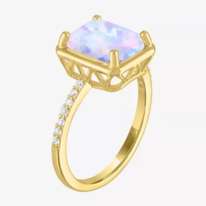 Womens Lab Created White Opal 14K Gold Over Silver Side Stone Cocktail Ring