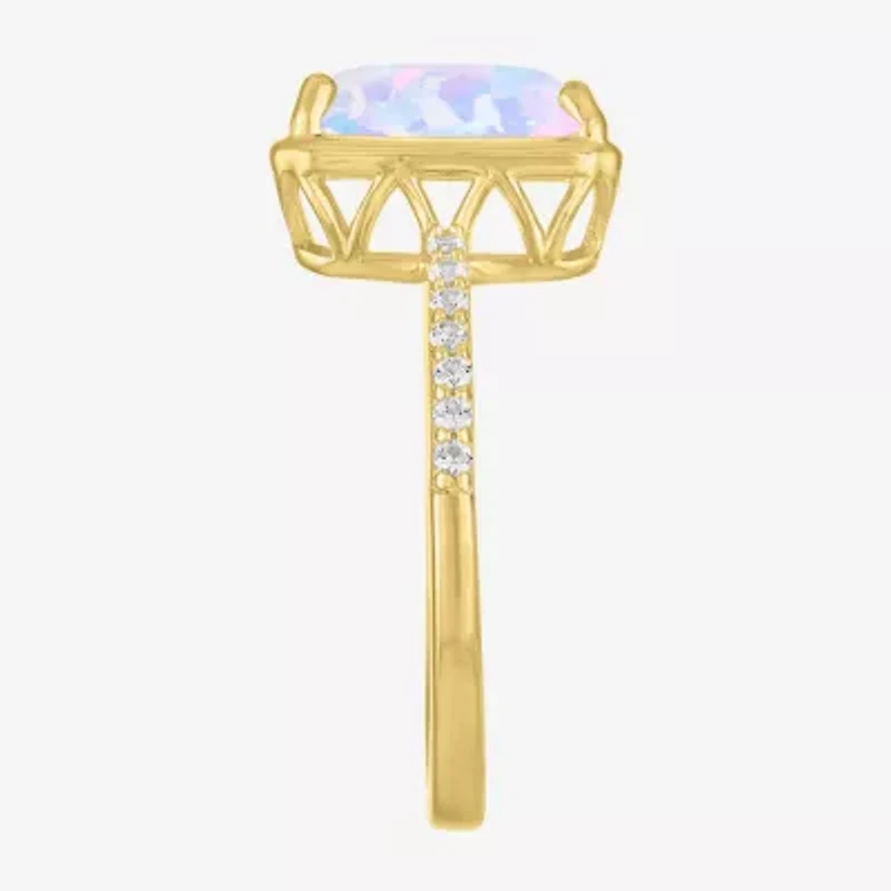 Womens Lab Created White Opal 14K Gold Over Silver Side Stone Cocktail Ring