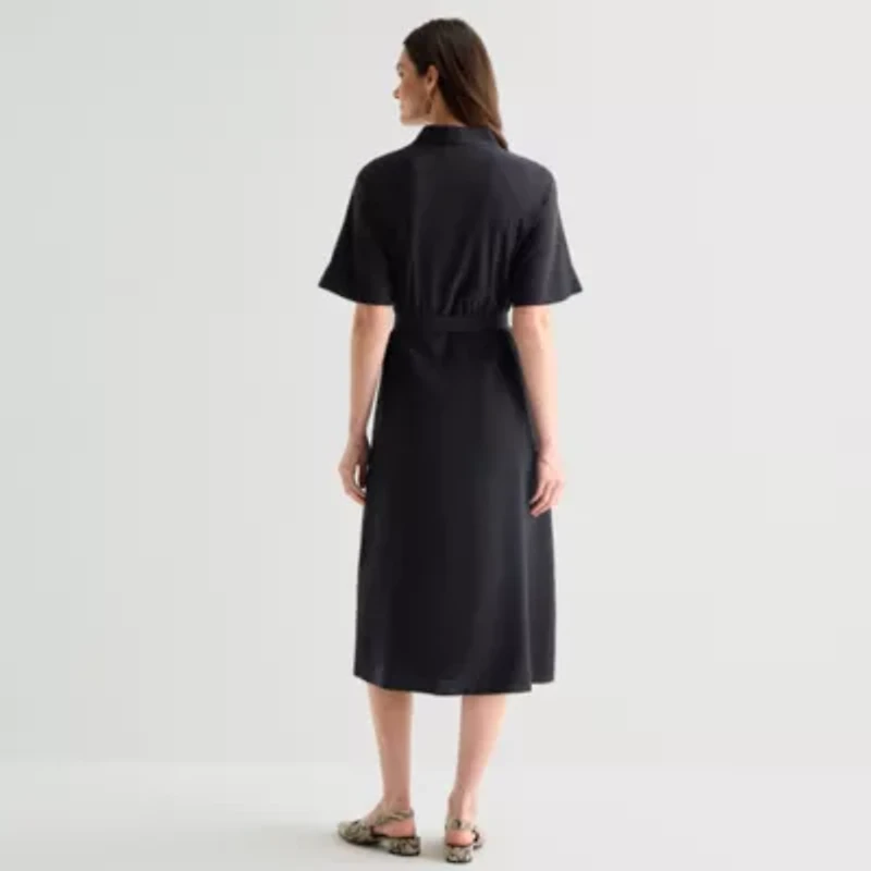 Worthington Womens Short Sleeve Tie Belt Shirt Dress