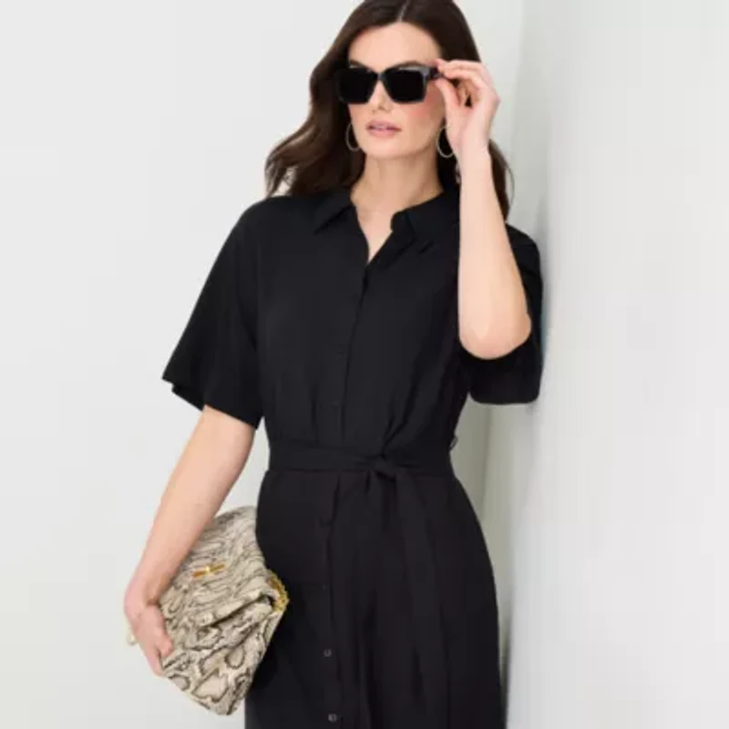 Worthington Womens Short Sleeve Tie Belt Shirt Dress