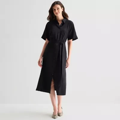 Worthington Womens Short Sleeve Tie Belt Shirt Dress