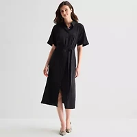 Worthington Womens Short Sleeve Tie Belt Shirt Dress
