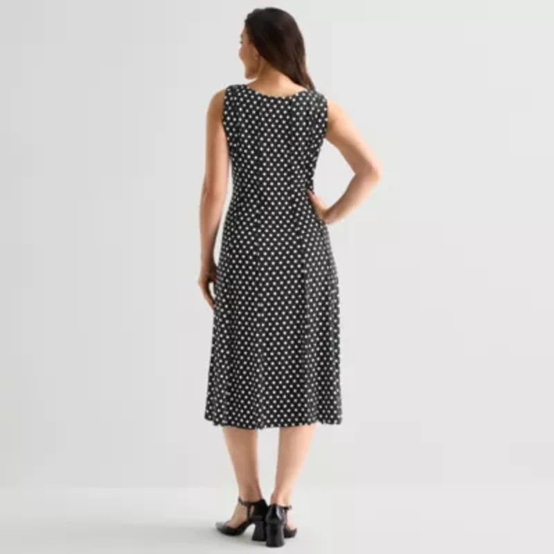 Perceptions Womens Sleeveless Polka Dot Midi Fit + Flare Dress