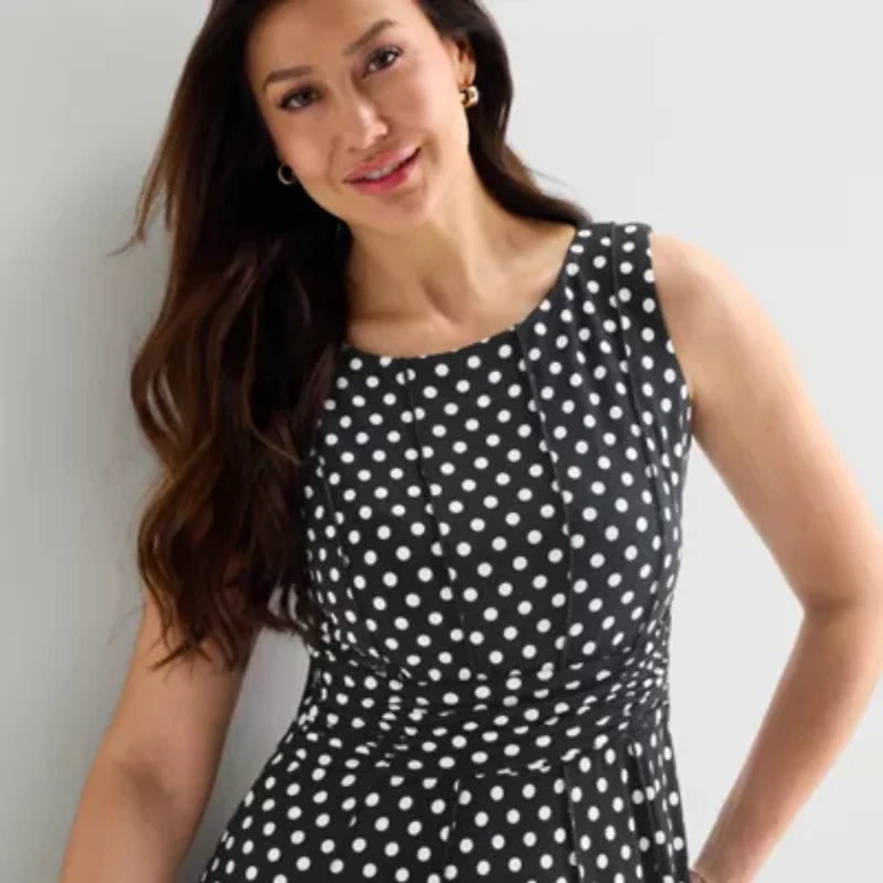 Perceptions Womens Sleeveless Polka Dot Midi Fit + Flare Dress