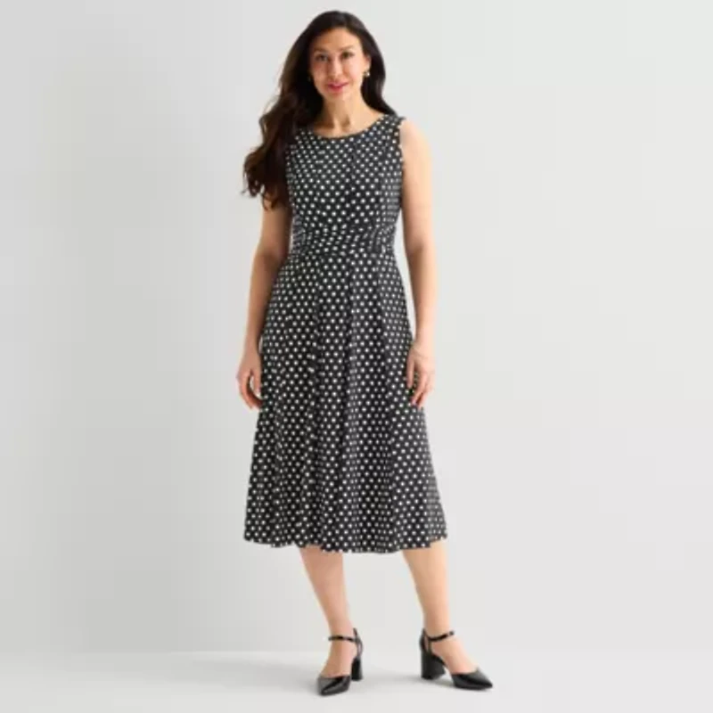 Perceptions Womens Sleeveless Polka Dot Midi Fit + Flare Dress