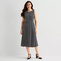 Perceptions Womens Sleeveless Polka Dot Midi Fit + Flare Dress