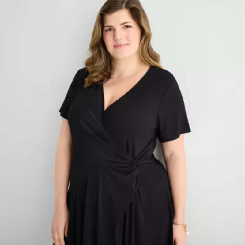 Perceptions Womens Plus Short Sleeve Fit + Flare Dress