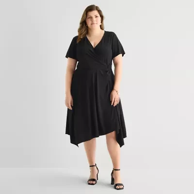 Perceptions Womens Plus Short Sleeve Fit + Flare Dress