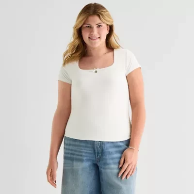 Forever 21 Womens Juniors Plus Square Neck Short Sleeve Graphic T-Shirt